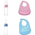 Agubugu Baby - Kaşıklı Mama Biberonu - Mavi + Silikon Bebek Mama Önlüğü - Mavi