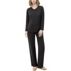AGYMNX Pijama Kadın Uzun Pijama Seti Pamuk Uzun Kollu Örgü Yoga Setleri V Yaka 2 Adet Slim Fit Kadın Rahat Gecelik Cepli Spor Kıyafeti Antrenman Kıyafeti, Siyah, XXL-3XL