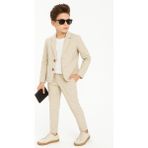 Ahengim Erkek Çocuk Casual Slim Fit Keten Takım Elbise 3’lü Set AK2853 - 9 Yaş - Krem