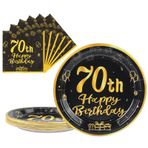 AHPYEUHK 9 inç Kağıt Tabak 70. Doğum Günü Tabağı 25 Adet ve Peçete 25 Adet Tek Kullanımlık Tabak 22,8 cm Tek Kullanımlık Kağıt Parti Yemek Takımı Tabak Erkek Kız Çocuklar için Siyah ve Altın Kağıt Tabak 70.