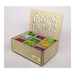 Ahşap Akça Renk Çay Kutusu 9 Bölmeli Kapaklı Poşet Bitki Çayı Saklama Kabı Tea Box ( Çaylar Dahil)