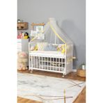 Ahşap Beşik Anne Yanı Beşik Beyaz 60X120 - Sarı Pembe Örgü Uyku Seti Seti + Yatak + Tekerlekli - White Snow