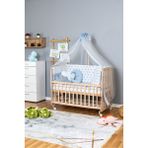 Ahşap Beşik Anne Yanı Beşik Organik 60x120 - Mavi Yıldız 3 Yastıklı Uyku Seti + Yataklı + Tekerlekli