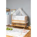Ahşap Beşik Anne Yanı Beşik Vernikli 60X120 - Beyaz Güpür Uyku Seti + Yataklı + Tekerlekli - Naturel
