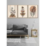 Ahşap Çerçeve Görünümlü Bohem Yapraklı 3lü Tablo Seti Salon Oturma Yatak Odası Için Duvar Dekoru - 40 x 60 - Renkli