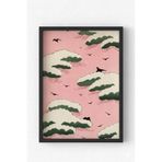 Ahşap Çerçeveli Pembe Bulut ve Kuş Poster – Minimal Doğa Desenli Duvar Tablosu Siyah 21 x 30