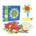Ahşap Desenli Blok | 130 Adet Motif Blok Ve Kart - Montessori Oyuncak Erken Geometri Becerileri, Şekil Tanıma, Simetri, Modelleme ve Kesirler İçin Matematik Manipülatifi, 3 Yaş ve Üzeri Gyouza