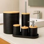 Ahşap Kapaklı 5 Parça Modern Banyo Seti Sıvı Sabunluk, Çöp Kovası, Fırçalık, Kulplu Saklama Kabı, Tepsi