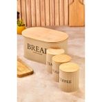 \Ahşap Kapaklı Metal Ekmeklik, Çay, Kahve, Şeker 4"\'lü Kavanoz Saklama Kabı Set Kahverengi - Altın - 1,3 lt\