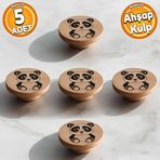 Ahşap Kulp Düğme Panda Desenli Çocuk Odası Çekmece Mutfak Mobilya Dolap Kulpu Kulbu Kulpları 5 Adet