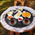 Ahşap Kulplu 50 cm Yuvarlak Metal Tepsi Kahvaltı Çay Kahve Sunum Tepsisi - Siyah