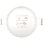 Ahşap Kulplu Desenli Yuvarlak Metal Servis Tepsisi 37CM, Kahve Tepsisi, Sunum Tepsisi (My Daily Routinebaskılı) - Beyaz