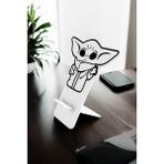 Ahşap Masaüstü Figürlü Telefon Standı - Telefon Tutucu - Star Wars - Baby Yoda - Grogu - Beyaz
