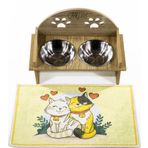Ahşap Özel İsim Baskılı, Oval Kedi Köpek Mama Su Kabı Standı, Metal Suluk, Kedi Köpek Halısı