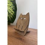 Ahşap Somurtan Kedi Telefon ve Tablet Tutucu - Masa Üstü Sabitleyici Stand Telefon Tutacağı - Ahşap Rengi