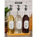 Ahşap Standlı 3'lü Gümüş Tıpalı Zeytinyağ Sirke ve Nar Ekşisi Seti 750ML Yağlık Şişesi Yağdanlık Set - Şeffaf Ahşap - 750 ml