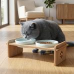 Ahşap Standlı Çift Kaseli Pet Mama Kabı, Seramik Kase, Kedi ve Küçük/Orta Boy Köpek Uyumlu (Paspas Hediyeli) (mavi)