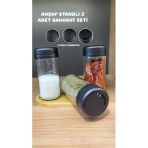 Ahşap Standlı Spice 3'Lü Set Döner Kapak Cam Baharatlık Tuzluk Biberlik Seti 250Cc