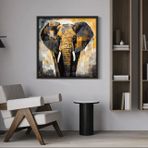 Ahşap Traverten Dokulu Soyut Tablo, Black Gold Elephant