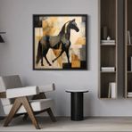 Ahşap Traverten Dokulu Soyut Tablo, Black Gold Horse
