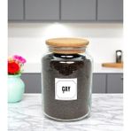 Ahşap Vakum Kapaklı Cam Saklama Kavanozu 800 ml Çay Etiketi Hediyeli - Açık Kahverengi - Şeffaf - 1 Adet
