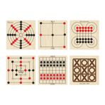Ahşap Zeka ve Strateji Oyunu Seti 6 lı, Dama+3 Taş+9 Taş+Bihar+Surakarta ve Tic-Tac-Toe