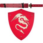 Ahtek Ahşap Japon Samuray Ninja Kalkanı ve Katana Kılıcı Kırmızı Oyuncak