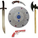 Ahtek Ahşap Oyuncak Seti 5'li, Kayı Kalkanı + Kılıcı + Baltası + Oyuncak Bıçak ve Lastik Atan Tabanca