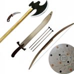 Ahtek Ahşap Oyuncak Seti, Kalkan + Balta + Kılıç + Karambit + Ok Yay Takımı 5'li