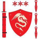 Ahtek Ahşap Samuray Seti 4 Lü, Kalkan +Katana Kılıcı + Ninja Yıldızı Kohga + Fırlatma Bıçağı Kunai Kırmızı