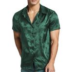 AIEOE Erkek ipek üst lüks jakarlı gömlek kısa kollu elbise gömlek Slim Fit saten Slik bluz çiçek gömlek ipek elbise gömlek düğün parti balo için, yeşil, XXL