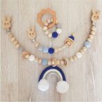 Ailanthus Ahşap Diş Kaşıyıcı Puset Oyuncağı ve Ahşap Emzik Zinciri, Emzik Tutucu Amigurumi Oyuncak - Mavi