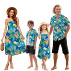 Aile Eşleşen Hawaii Kıyafetleri, Baba ve Oğul Plaj Tatil Gömlekleri Anne Kız Elbisesi, 2T - X-Large, Mavi Yeşil Çiçekler, S