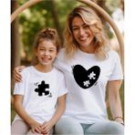 Aile Kombin Tişört- Anne Kız Puzzle Kalp Baskılı Bisiklet Yaka Tişört/t-Shirt (Tek Adet Fiyatıdır.) - XL