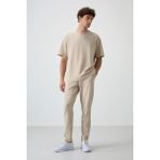 Air Jones Bej Pamuklu Kalın Yumuşak Dokulu Oversize Fit Nakışlı Erkek Eşofman Takım - 85252 - XL