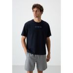 Air Jones Lacivert Pamuklu Kalın Yüzeyi Dokulu Oversize Fit Baskılı Erkek T-Shirt - 88364 - 2XL
