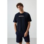 AIR JONES Lacivert Pamuklu Kalın Yüzeyi Dokulu Oversize Fit Baskılı Erkek T-Shirt - 88365