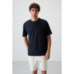 Air Jones Lacivert Waffle İnterlok Yüzeyi Dokulu Oversize Fit Basic Erkek T-Shirt - 88380 - M