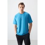 Air Jones Petrol Mavi Pamuklu Kalın Yumuşak Dokulu Oversize Fit Baskılı Erkek T-Shirt - 88373 - 2XL
