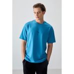 AIR JONES Petrol Mavi Pamuklu Kalın Yumuşak Dokulu Oversize Fit Baskılı Erkek T- Shirt - 88373