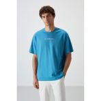 AIR JONES Petrol Mavi Pamuklu Kalın Yüzeyi Dokulu Oversize Fit Baskılı Erkek T-Shirt - 88364