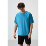 AIR JONES Petrol Mavi Pamuklu Kalın Yüzeyi Dokulu Oversize Fit Baskılı Erkek T-Shirt - 88369
