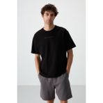 AIR JONES Siyah Pamuklu Kalın Yüzeyi Dokulu Oversize Fit Baskılı Erkek T-Shirt - 88364
