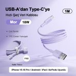 Airbot ATC18 Şarj Kablosu 18W 1 Metre Usb’den Type-C’ye, Veri Aktarımı ve Şarj Kablosu, Tablet ve Telefon Android Usb-C, Esnek, Mor