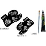 Airbrush Tattoo Dallı Çiçekler 2 Adet Ayak Kalıbı ve Siyah Hint Kınası Geçici Dövme Yapma Seti