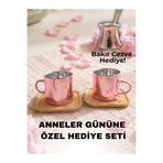 AiroBazar Bakır Cezve Hediyeli Anneler Günü Özel Hediye Seti, 2’li Pembe Borosilikat Cam Bardak Şık Kahve/Çay Sunumluk