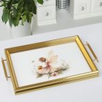 Airobazar Büyülü Peri Illüstrasyonlu Lüks Gold Çerçeveli Servis Tepsisi, Dikdörtgen Kulplu Dekoratif Çay Kahve Sunum Tepsisi 50X31CM - 50 x 31 cm