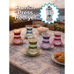 Airobazar Topkapı 6 Kişilik Çay Seti, French Press Hediyeli, 9 Farklı Osmanlı Desenli Çay Bardağı Takımı - 001-Renkli
