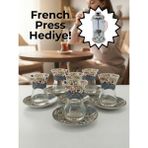 Airobazar Topkapı 6 Kişilik Çay Seti, French Press Hediyeli, 9 Farklı Osmanlı Desenli Çay Bardağı Takımı