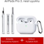 Airpods Pro 3. Nesil Uyumlu Darbelere Dayanıklı Askı Aparatlı Silikon Kılıf ve Elektronik Temizleme Kalemi - Beyaz